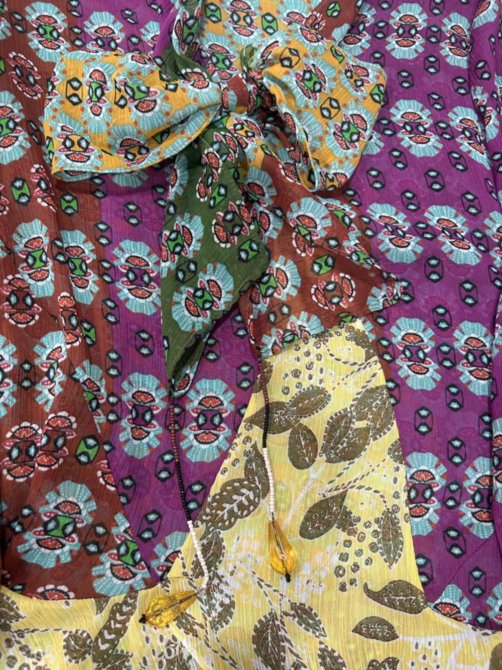 Zara Purple, Green, Brown & Yellow Printed Tie-Neck Blouse - Picture 7 of 10